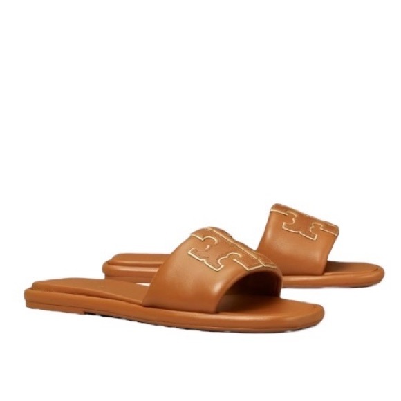 Tory Burch Double T Leather Square Toe Sport Slide Sandals, Size